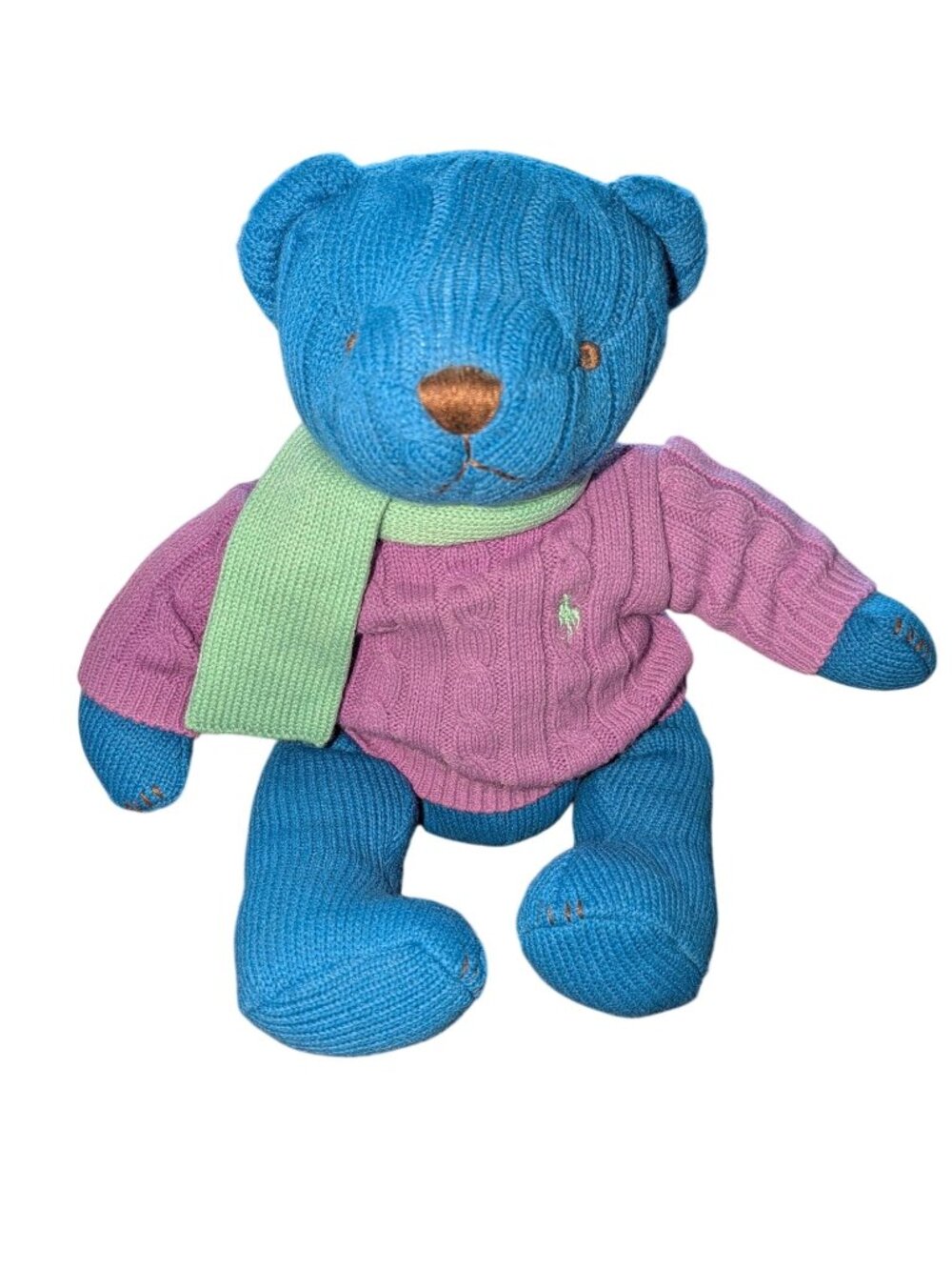 Ralph Lauren 2004 Blue Knit Teddy Bear With Purple Sweater & Green Scarf 12 Inch